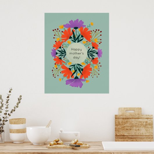 幸せな母の日の紫とオレンジのフローラ ポスター (キッチン)