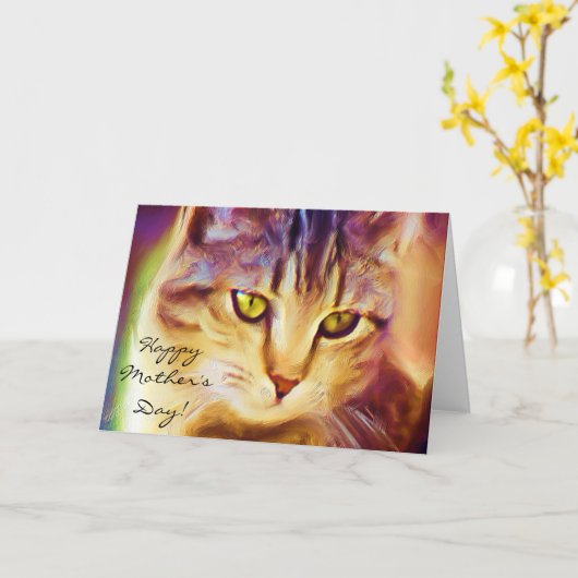 幸せな母の日の虎猫猫の芸術の挨拶状 カード (黄色い花)