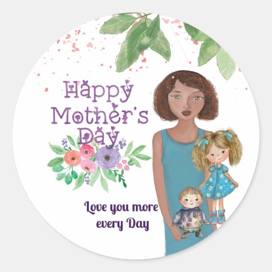 幸せな母の日 | 母と子供 ラウンドシール (正面)