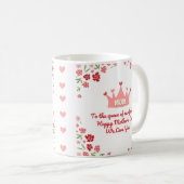 幸せな母の日，水色の花ピンクの王冠 コーヒーマグカップ (正面右)
