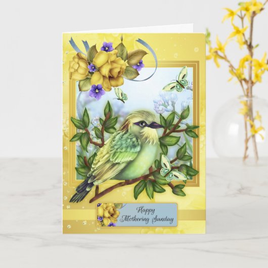 幸せな母日、鳥の蝶 カード (黄色い花)