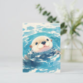 幸せな水彩カワウソの泳ぎ ポストカード (スタンド正面)