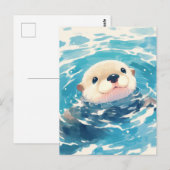 幸せな水彩カワウソの泳ぎ ポストカード (正面/裏面)