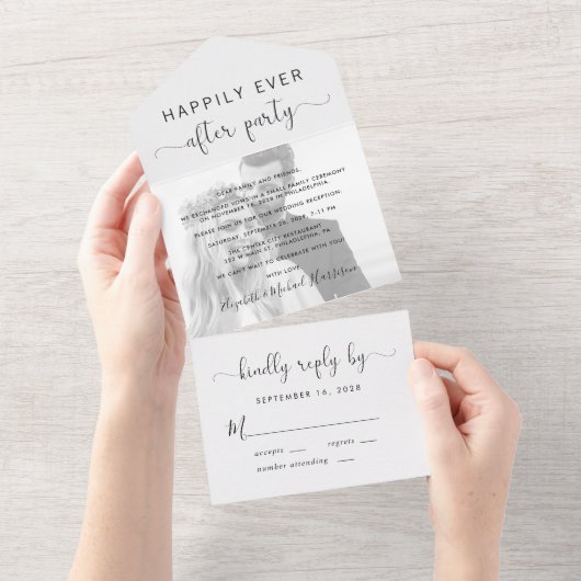 幸せな永遠の結婚式 白黒写真 オールインワン招待状 (貼ってはがせる)