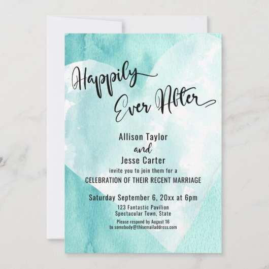 幸せな永遠を誓うターコイズブルーの水彩ハート 招待状 (正面)