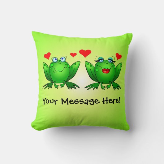 幸せな漫画のカエル愛ハートの緑 クッション (正面)