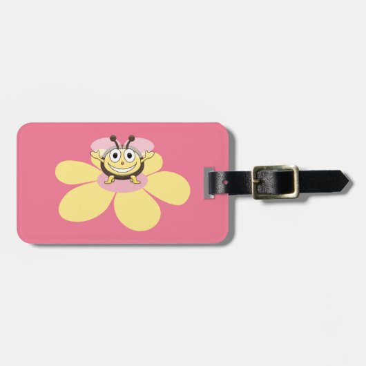幸せな漫画の蜂のピンクのパーソナライズな子供 ラゲッジタグ (正面横)