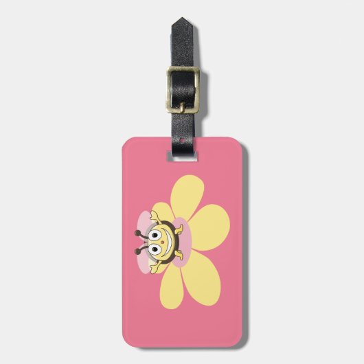 幸せな漫画の蜂のピンクのパーソナライズな子供 ラゲッジタグ (正面縦)