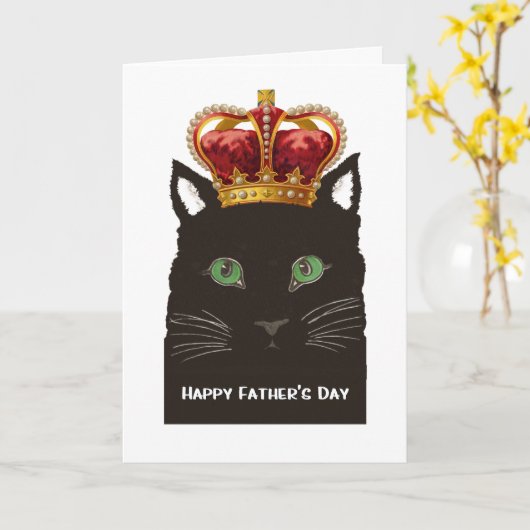 幸せな父の日の黒猫の身に着けている王冠 カード (黄色い花)