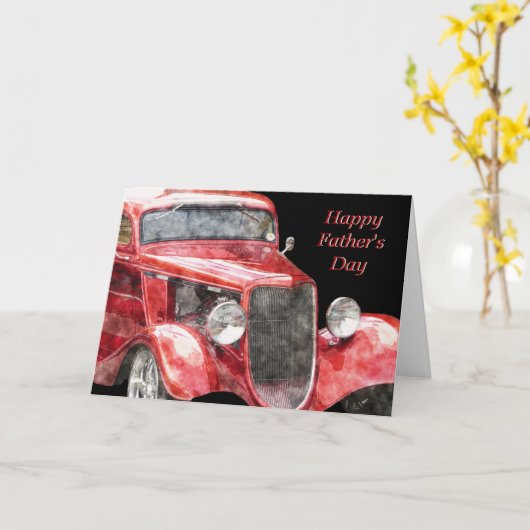 幸せな父の日光沢がある赤くクラシックなショー車 カード (黄色い花)