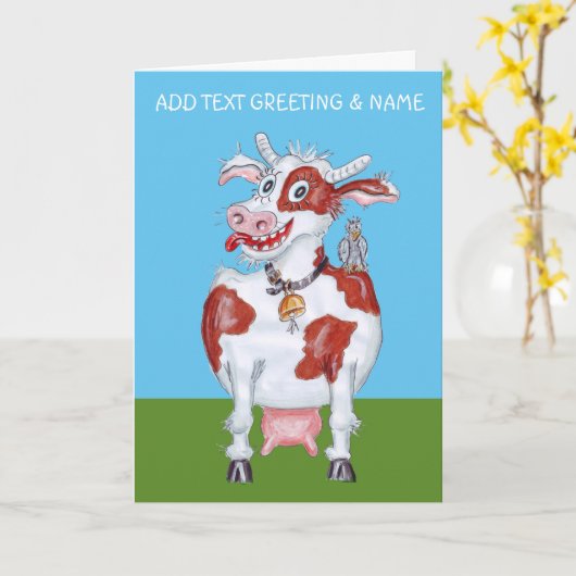 幸せな牛 カード (黄色い花)