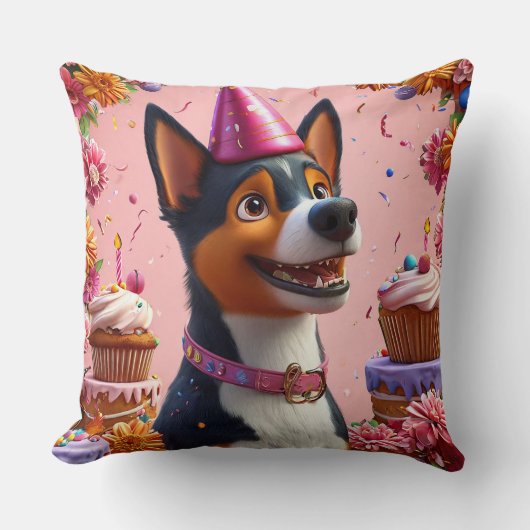 幸せな犬の誕生日お祝い クッション (正面)