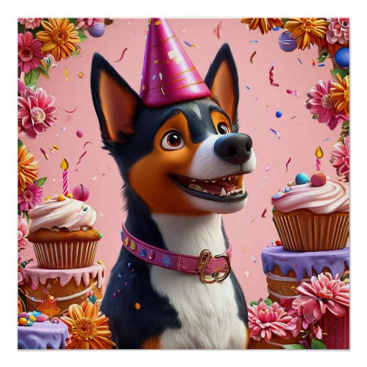幸せな犬の誕生日お祝い ポスター (正面)