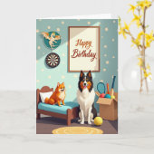 幸せな犬の誕生日ギフトカード カード (黄色い花)