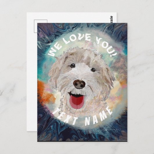 幸せな犬、スマイルのラブラドゥードル ポストカード (正面/裏面)