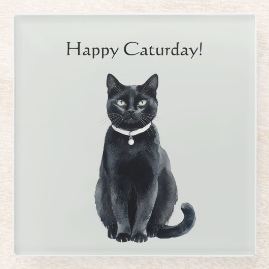 幸せな猫の日 黒猫 ガラスコースター (正面)