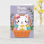 幸せな猫の春のかごカード カード (黄色い花)