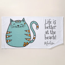 幸せな猫名前をカスタムする及び色のビーチタオル ビーチタオル