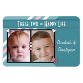 幸せな生活2つの写真と名前を追加ターコイズピンク マグネット (横)