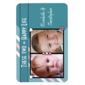 幸せな生活2つの写真と名前を追加ターコイズピンク マグネット (縦)