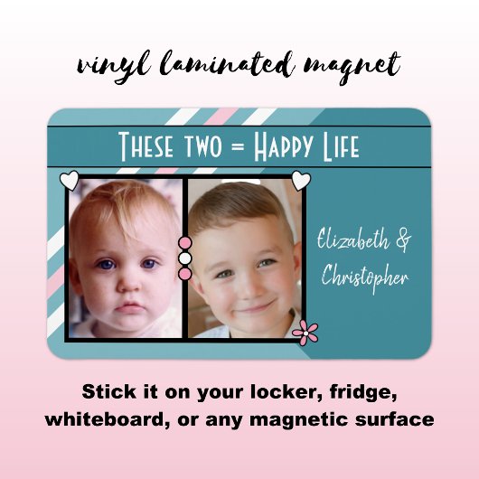 幸せな生活2つの写真と名前を追加ターコイズピンク マグネット