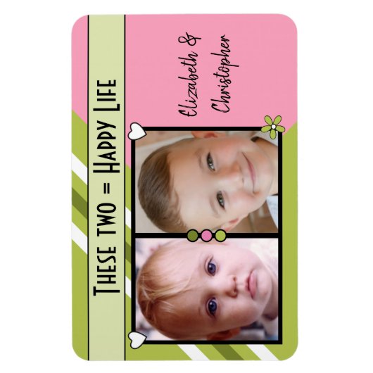幸せな生活2枚の写真と名前の緑のピンク マグネット (縦)