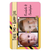 幸せな生活2枚の写真と名前の黄色のピンク マグネット (縦)