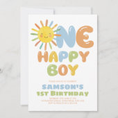 幸せな男の子 青い1歳の誕生日おめでとう 招待状 (正面)