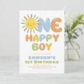 幸せな男の子 青い1歳の誕生日おめでとう 招待状 (スタンド正面)