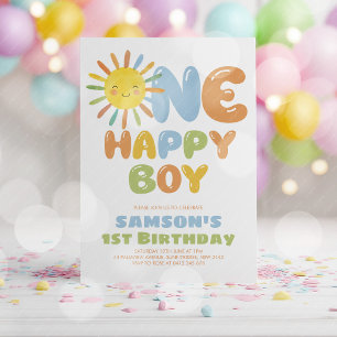 幸せな男の子 青い1歳の誕生日おめでとう 招待状