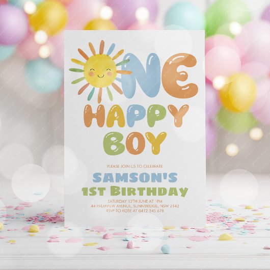 幸せな男の子 青い1歳の誕生日おめでとう 招待状