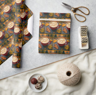 幸せな秋ラテインレッドマグカップ紅葉 ラッピングペーパー