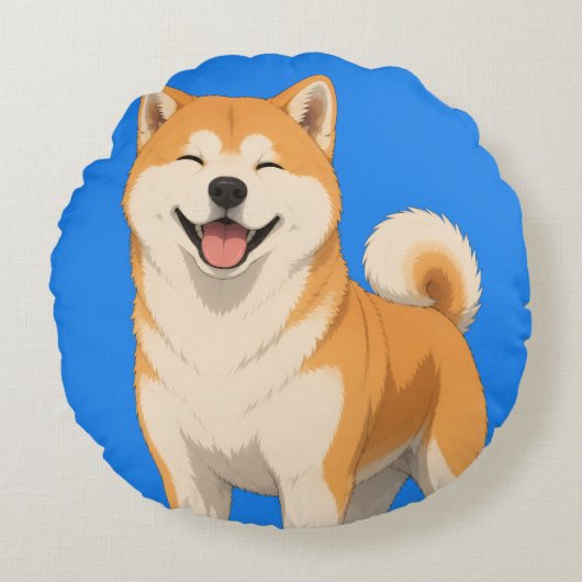 幸せな秋田犬デザイン ラウンドクッション (正面)