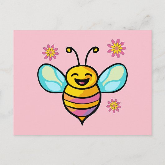 幸せな笑顔のベビーは花とビー。 ポストカード (正面)