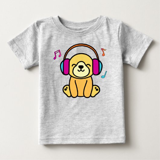 幸せな笑顔のベビー犬のヘッドフォンで子犬。 ベビーTシャツ (正面)