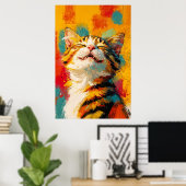幸せな笑顔の縞猫の抽象的な油絵 ポスター (ホームオフィス)