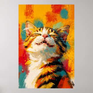 幸せな笑顔の縞猫の抽象的な油絵 ポスター