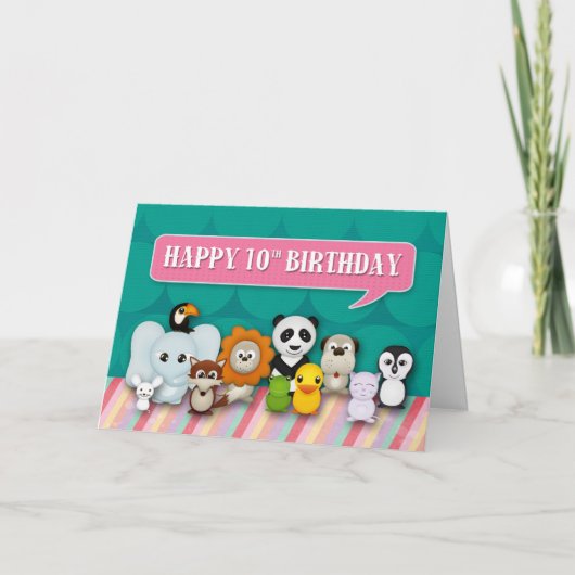 幸せな第10誕生日のガーリーでかわいい微笑動物 カード (正面)