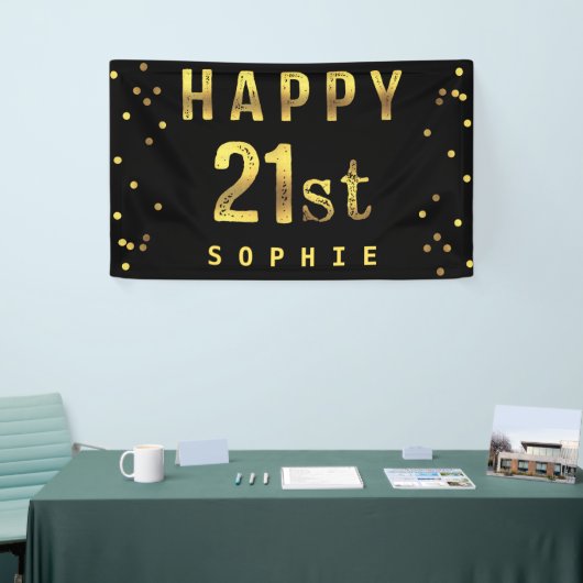 幸せな第21フェイクな金ゴールドホイルの紙吹雪の黒 横断幕 (トレードショー)