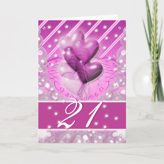 幸せな第21誕生日は明るい風船のようにふくらませます カード (正面)