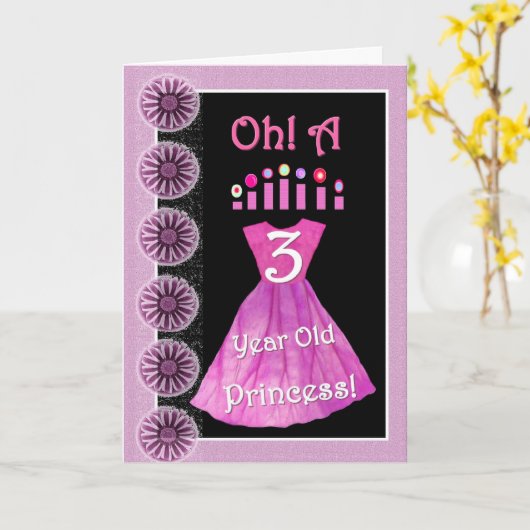 幸せな第3誕生日のプリンセス-ピンクの服及び蝋燭 カード (黄色い花)