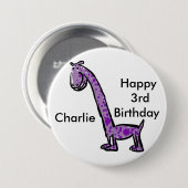 幸せな第3誕生日の漫画の(一流の)恐竜の紫色 缶バッジ (正面&裏面)