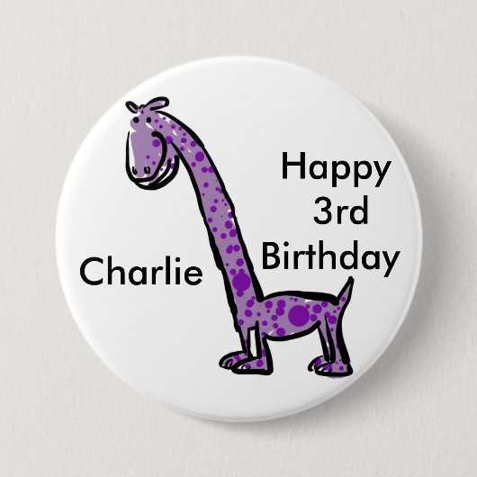 幸せな第3誕生日の漫画の(一流の)恐竜の紫色 缶バッジ (正面)