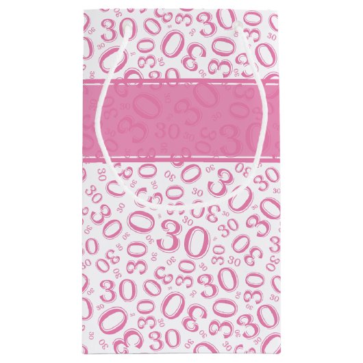 幸せな第30誕生日のピンクおよび白い数パターン スモールペーパーバッグ (裏面)