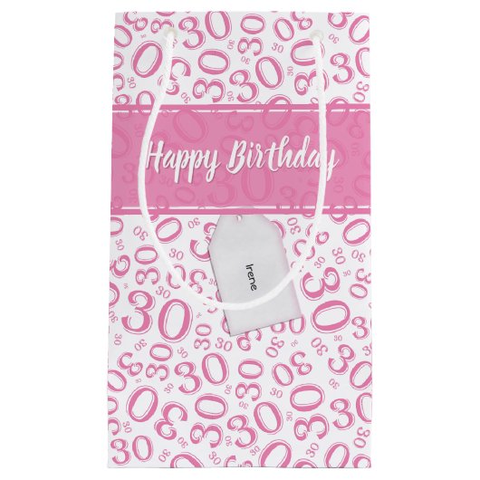 幸せな第30誕生日のピンクおよび白い数パターン スモールペーパーバッグ (正面)