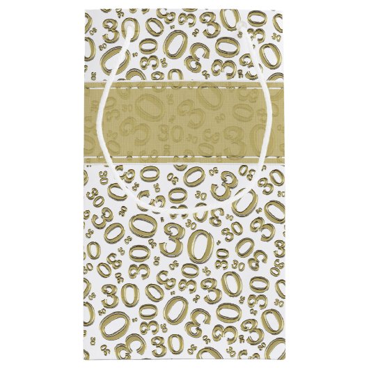 幸せな第30誕生日の金ゴールドおよび白い数パターン スモールペーパーバッグ (裏面)