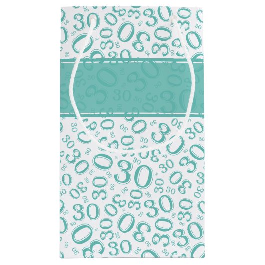 幸せな第30誕生日数パターンティール(緑がかった色)および白 スモールペーパーバッグ (裏面)