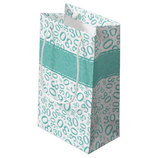 幸せな第30誕生日数パターンティール(緑がかった色)および白 スモールペーパーバッグ (裏面アングル)