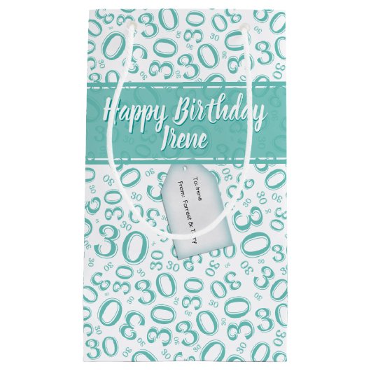 幸せな第30誕生日数パターンティール(緑がかった色)および白 スモールペーパーバッグ (正面)