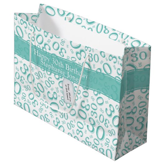 幸せな第30誕生日数パターンティール(緑がかった色)および白 ラージペーパーバッグ (正面アングル)